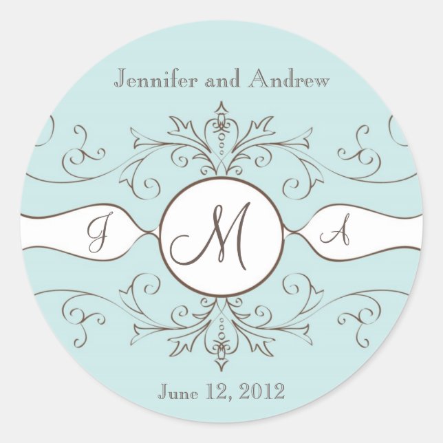 Save the Date Wedding Monogram Stickers Brown Blue (Front)