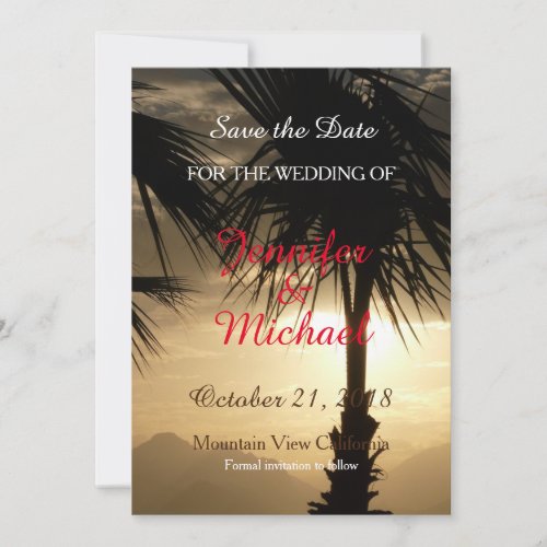 Save the Date Wedding Palm Tree Sunset Beach