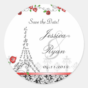Save the Date Wedding Paris Black White Red Xmas Classic Round Sticker