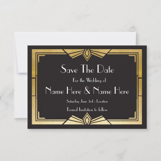 Save The Date Wedding Party 1920's Gold Invites (Front)