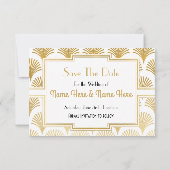 Save The Date Wedding Party Twenties Gold Fan Deco (Front)