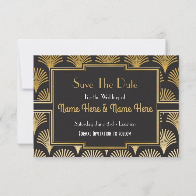 Save The Date Wedding Party Twenties Gold Fan Deco (Front)