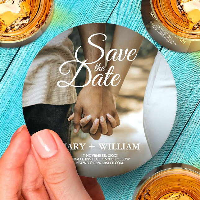 Save The Date Wedding Photo Modern  Elegant  Round Paper Coaster (Creator Uploaded)