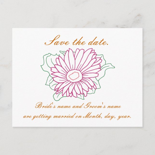 Save the date, wedding postcards, fuchsia daisy announcement postcard (Front)