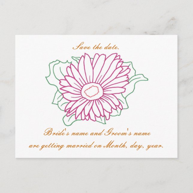 Save the date, wedding postcards, fuchsia daisy announcement postcard (Front)