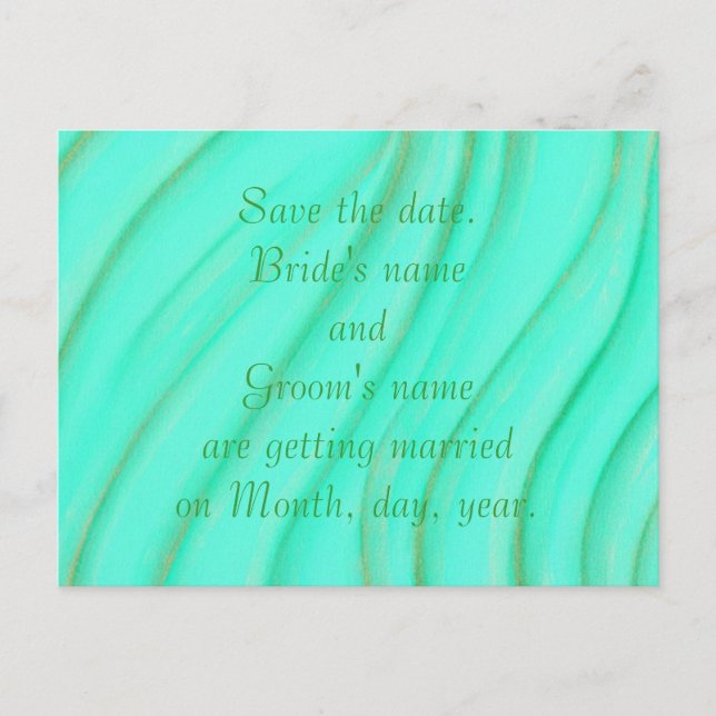 Save the date wedding postcards, green and gold announcement postcard (Front)