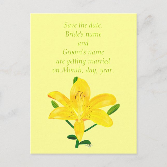 Save the date wedding postcards, yellow lilly announcement postcard (Front)