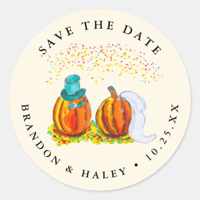 Save the Date Wedding Pumpkins Classic Round Sticker (Front)