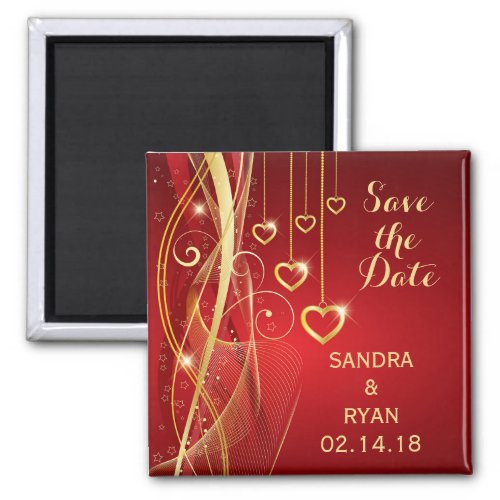 Save the Date Wedding Romantic Red Gold Hearts Magnet