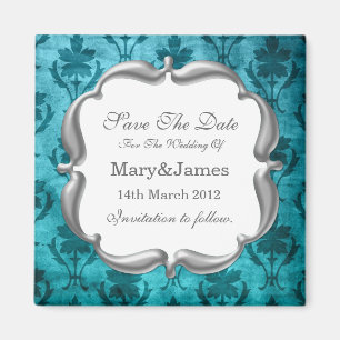 Save The Date Wedding Vintage Floral Pattern Blue Magnet