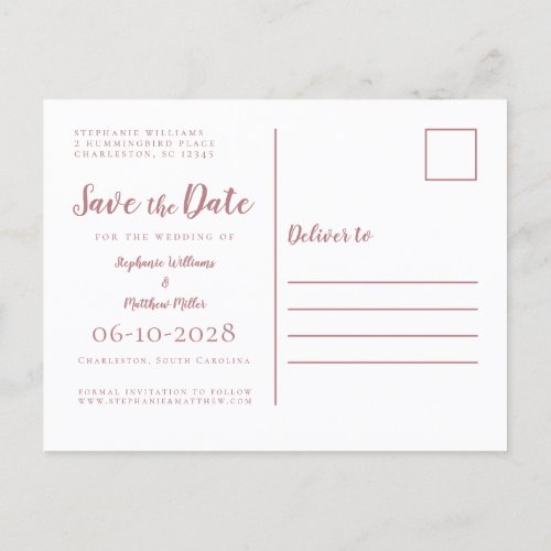 Save The Date Weddings Dusty Rose Simple Modern Announcement Postcard