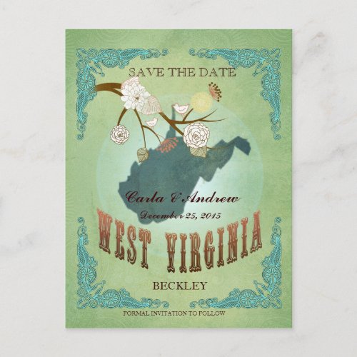 Save The Date_ West Virginia Map With Lovely Birds Announcement Postcard