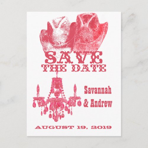 Save the Date Western Pink Cowboy Hat Chandelier Announcement Postcard