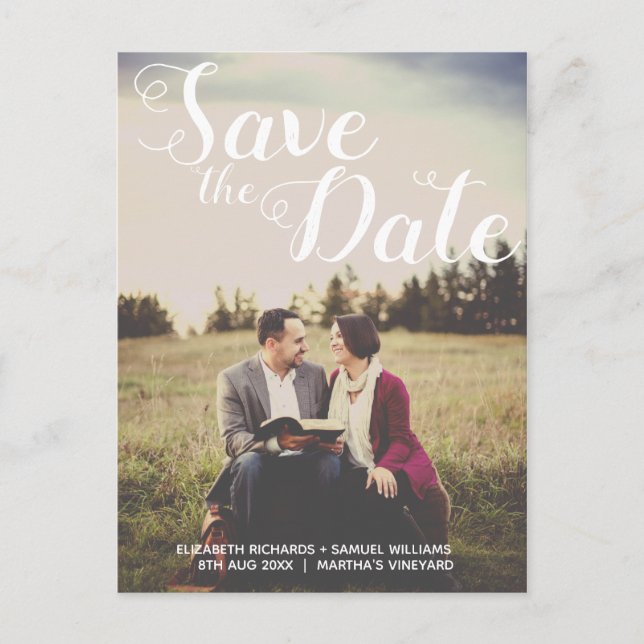 Save The Date Whimsical White Script Photo Overlay Postcard (Front)
