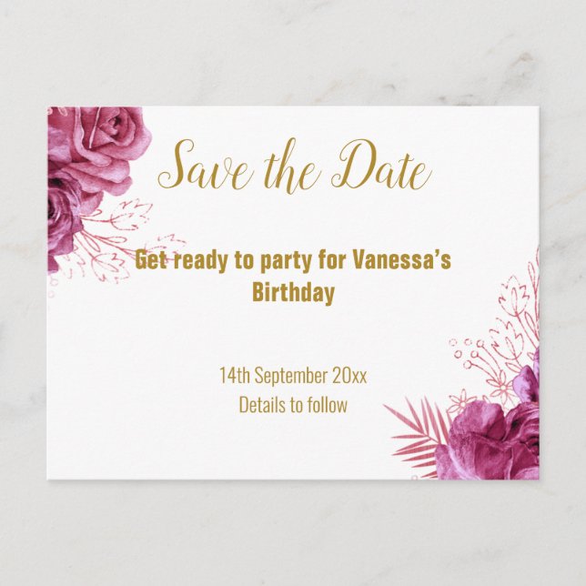 Save the Date White Background Pink Floral Announcement Postcard (Front)