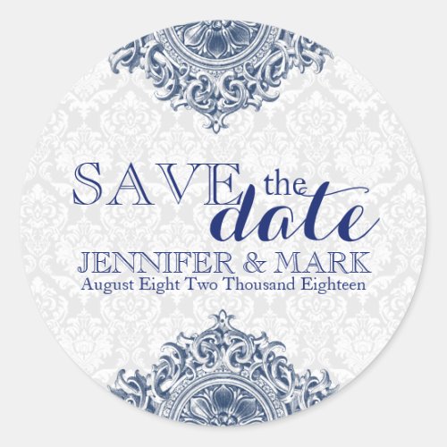 Save The Date White Damasks  Blue Lace Ornament Classic Round Sticker