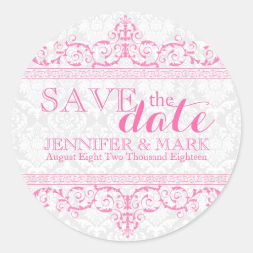 Save The Date White Damasks  Pink lace Classic Round Sticker
