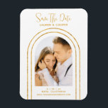 Save The Date White Gold Stylish Art Deco Wedding Magnet<br><div class="desc">Save The Date White Gold Stylish Script Art Deco Wedding Magnets features your favorite photo inside a golden arch on a white background. Personalize with your text by editing the text in the text boxes provided. Designed for you by ©Evco Studio www.zazzle.com/store/evcostudio</div>