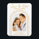 Save The Date White Gold Stylish Art Deco Wedding Magnet<br><div class="desc">Save The Date White Gold Stylish Script Art Deco Wedding Magnet features your favorite photo inside a golden arch on a white background. Personalize with your text by editing the text in the text boxes provided. Designed for you by ©Evco Studio www.zazzle.com/store/evcostudio</div>