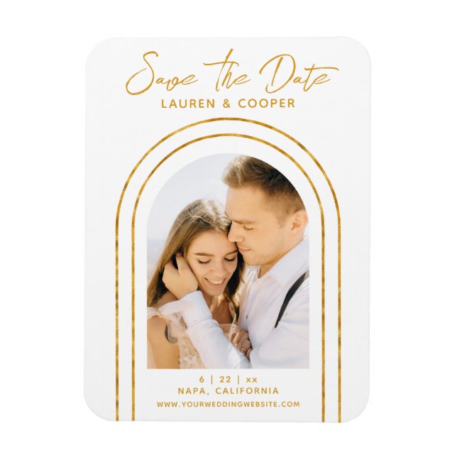 Save The Date White Gold Stylish Art Deco Wedding Magnet (Vertical)