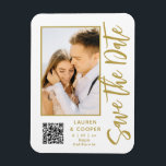 Save The Date White Gold Stylish Modern Wedding Magnet<br><div class="desc">Save The Date White Gold Stylish Script Modern Wedding Magnets features a white background with your custom photo. Personalize with your text by editing the text in the text boxes provided and add your website URL for your custom QR code. Designed for you by ©Evco Studio www.zazzle.com/store/evcostudio</div>