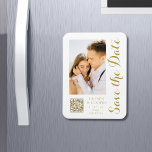 Save The Date White Gold Stylish Modern Wedding Magnet<br><div class="desc">Save The Date White Gold Stylish Script Modern Wedding Magnets features a white background with your custom photo. Personalize with your text by editing the text in the text boxes provided and add your website URL for your custom QR code. Designed for you by ©Evco Studio www.zazzle.com/store/evcostudio</div>