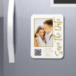 Save The Date White Gold Stylish Modern Wedding Magnet<br><div class="desc">Save The Date White Gold Stylish Script Modern Wedding Magnets features a white background with your custom photo. Personalize with your text by editing the text in the text boxes provided and add your website URL for your custom QR code. Designed for you by ©Evco Studio www.zazzle.com/store/evcostudio</div>