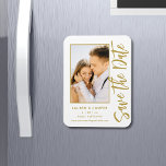 Save The Date White Gold Stylish Modern Wedding Magnet<br><div class="desc">Save The Date White Gold Stylish Script Modern Wedding Magnets features a white background with your custom photo. Personalize with your text by editing the text in the text boxes provided. Designed for you by ©Evco Studio www.zazzle.com/store/evcostudio</div>