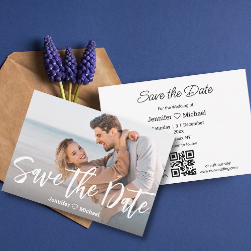 save the date white handwriting qr code photo chic note card