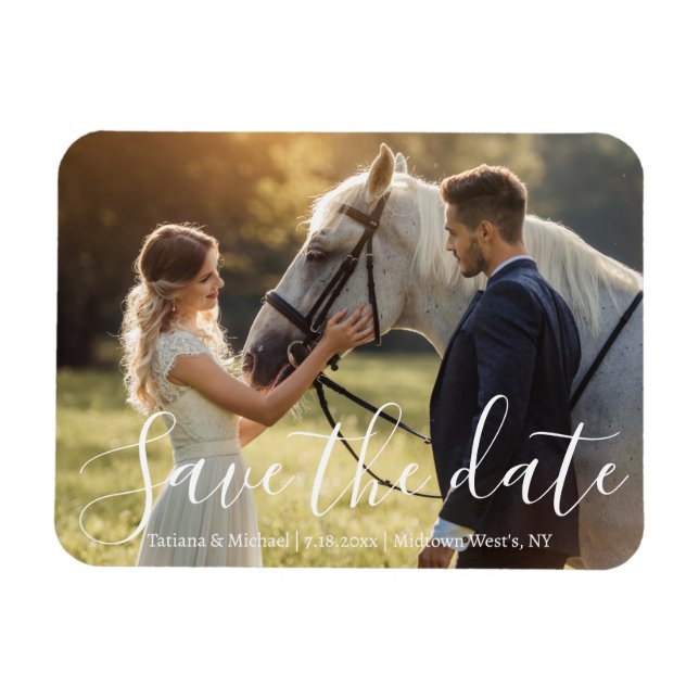 save the date white handwriting wedding photo magnet (Horizontal)