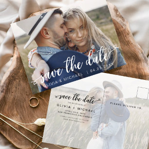 Save the Date White Handwritten Hearts Photo Postcard
