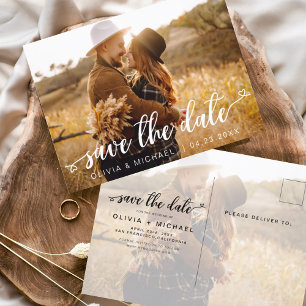 Save the Date White Handwritten Hearts Photo Postcard