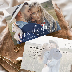Save the Date White Handwritten Hearts Photo Postcard