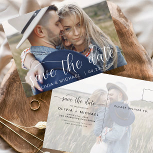 Save the Date White Handwritten Photo Postcard