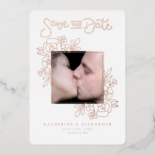Save the date white rose gold floral foil invitation