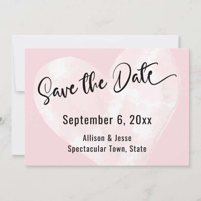 Save the Date White Watercolor Heart on Pink Card (Front)