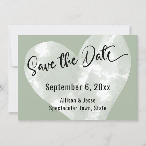 Save the Date White Watercolor Heart on Sage Card