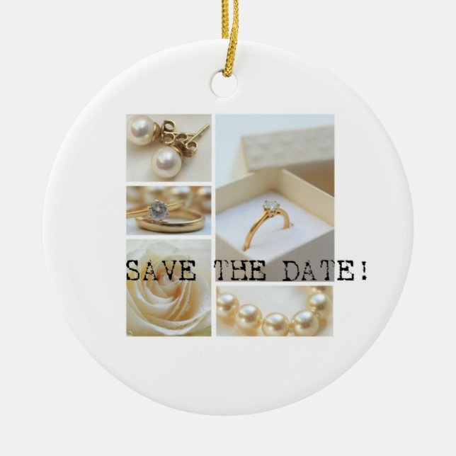 Save the Date White Wedding Collage Ceramic Ornament (Front)