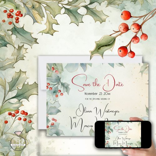 Save the Date  Winter Holly and Berries Invitation