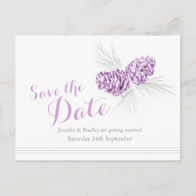 Save the date winter pine cones purple wedding announcement postcard (Front)