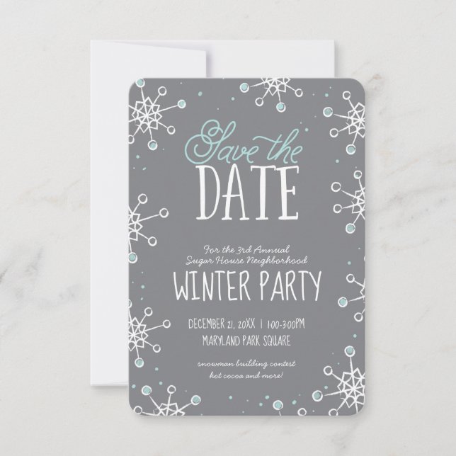 Save The Date Winter Snowflake Party Blue Gray  | (Front)