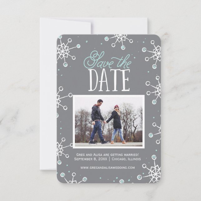 Save The Date Winter Snowflake Weddin Blue Gray  | (Front)