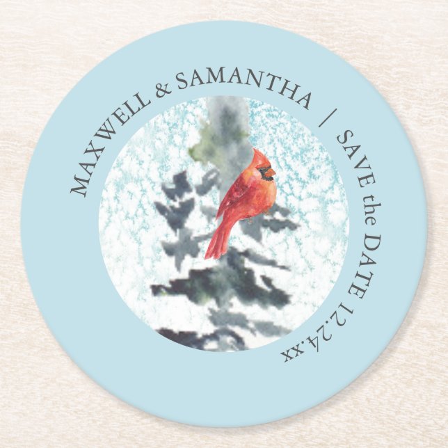 Save The Date Winter Wedding Round Paper Coaster (Front)
