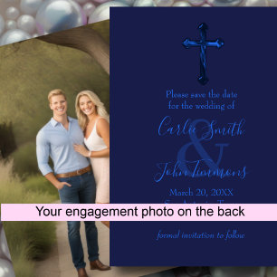 Save the Date with Cross Blue Monotone Photo Back
