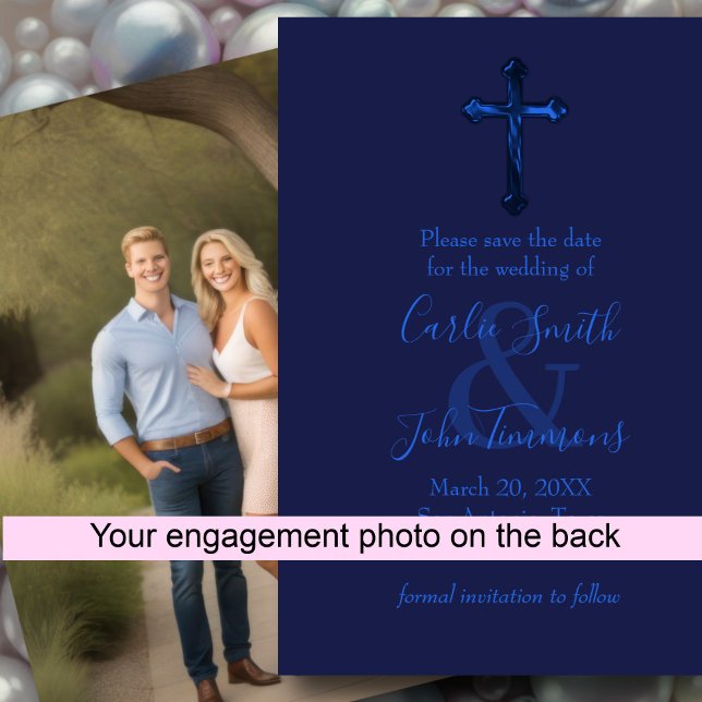 Save the Date with Cross Blue Monotone Photo Back (Creator Uploaded)
