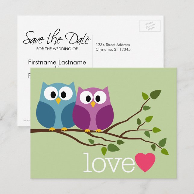 Save the Date with Cute Owl Couple Announcement Postcard (Front/Back)