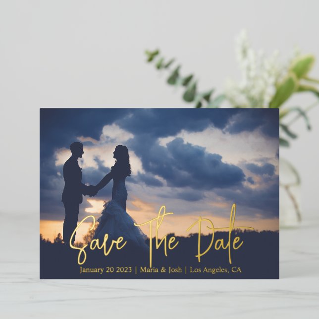 Save the date with photo wedding foil invitation (Standing Front)