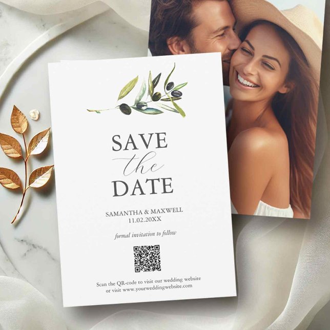 Save the Date with Picture & QR Code (QR code save the date invitations with photo and olive branch. )