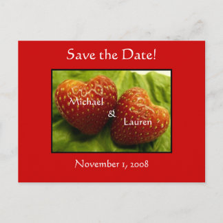 Save the date with strawberry hearts! announcement postcard