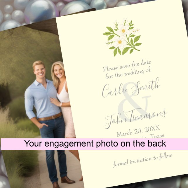 Save the Date with White Flowers Photo Back (Creator Uploaded)